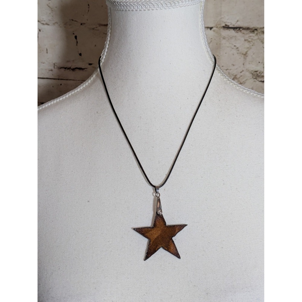 Artisan Style Pendant Necklace With Black Cord & Rustic Star Pendant 16"